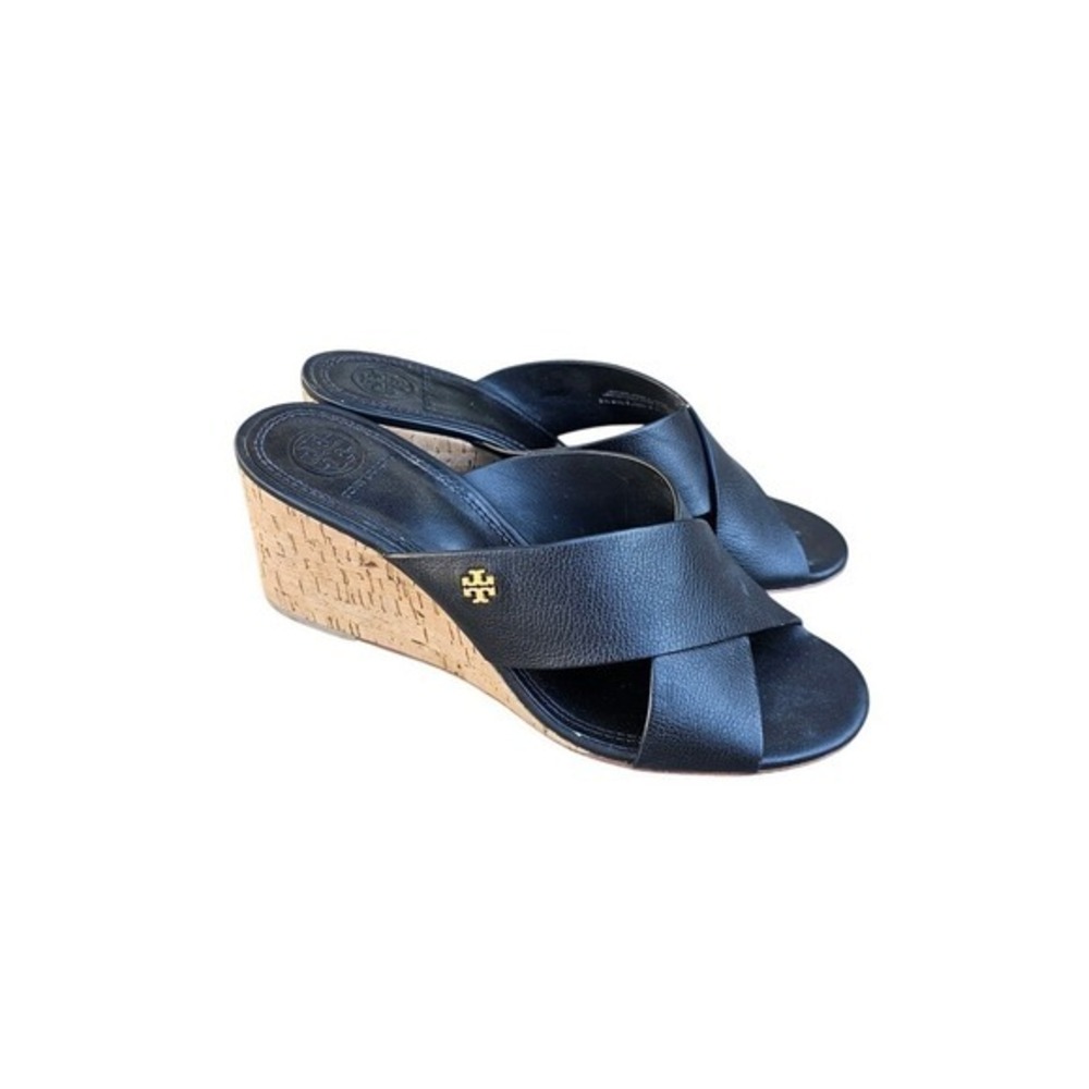 Tory Burch Crossover Leather Wedge Sandals Women 7M Black Cork Slide Minimal ~